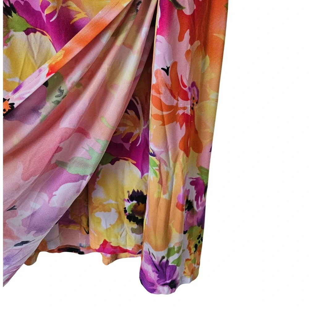 Ralph Lauren Floral Ruched Sheath‎ Dress Plus Size 16 V Neck Bold Tropical Print